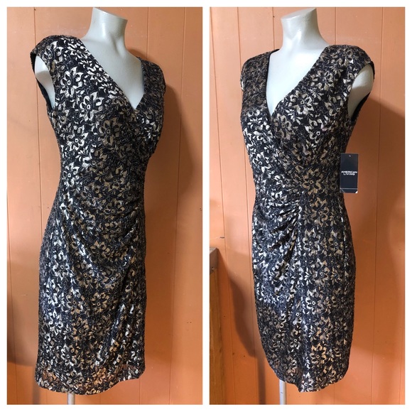 NWT American Living Metallic Black & Champagne Floral Lace V-Neck Sheath Dress - Picture 4 of 10